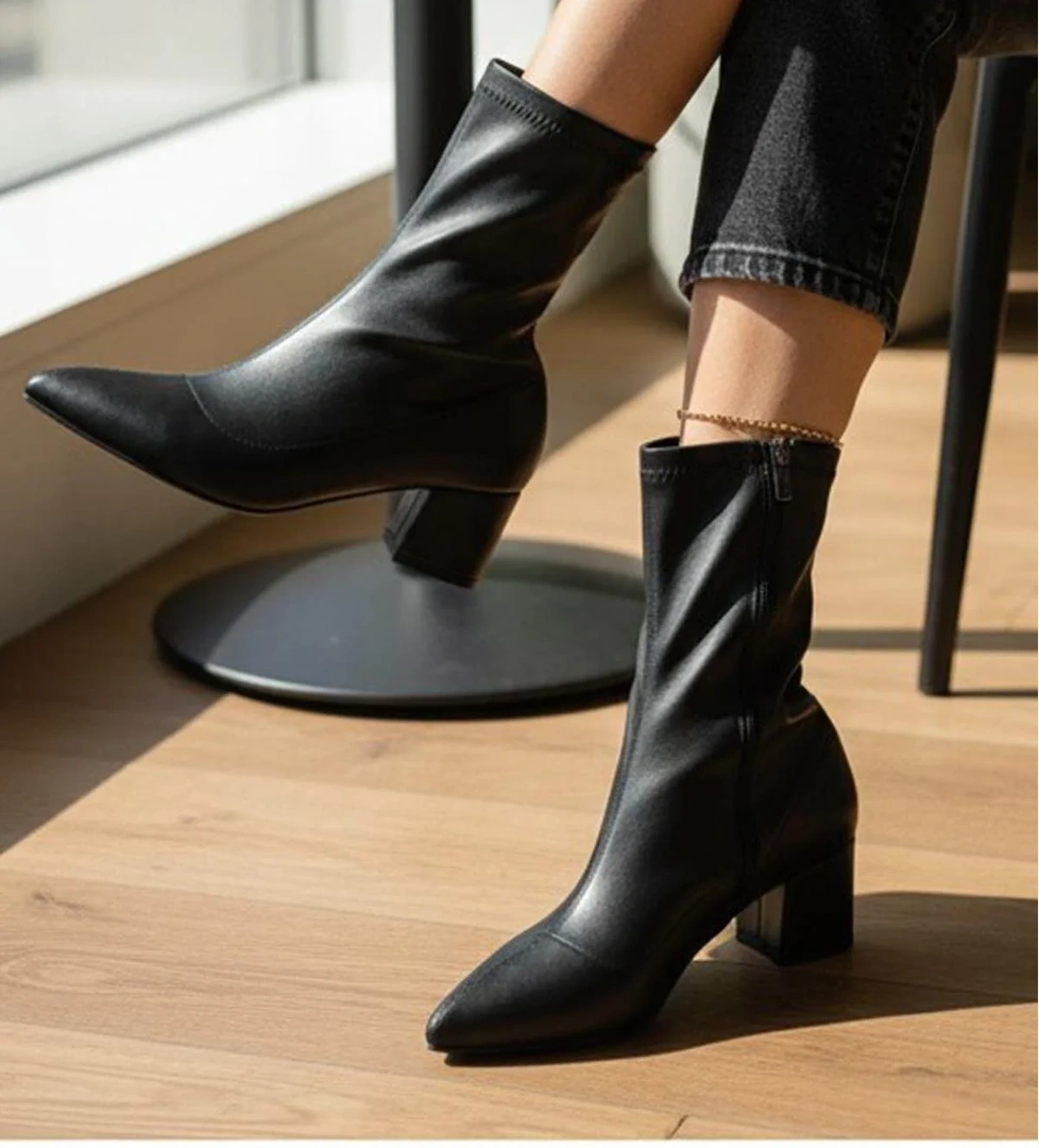 475 Günlük Fermuarlı 6cm Kadın Topuklu Bot Ayakkabı Kalın Topuk Klasik Topuklu Bot - Görsel 1