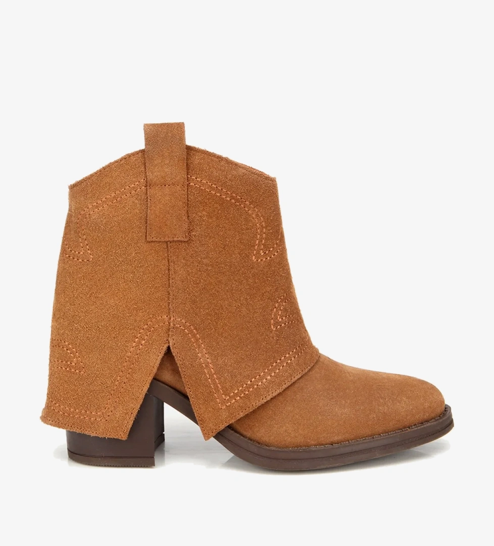 Kadın Süet Deri Taba Dikiş Detaylı Kovboy /Western Topuklu Bot