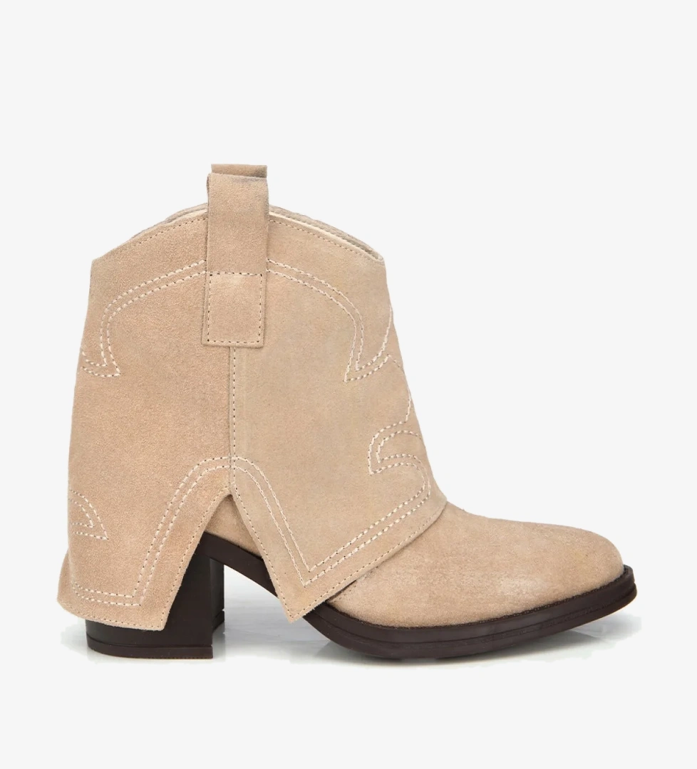 Kadın Süet Deri Bej Dikiş Detaylı Kovboy /Western Topuklu Bot - Görsel 1