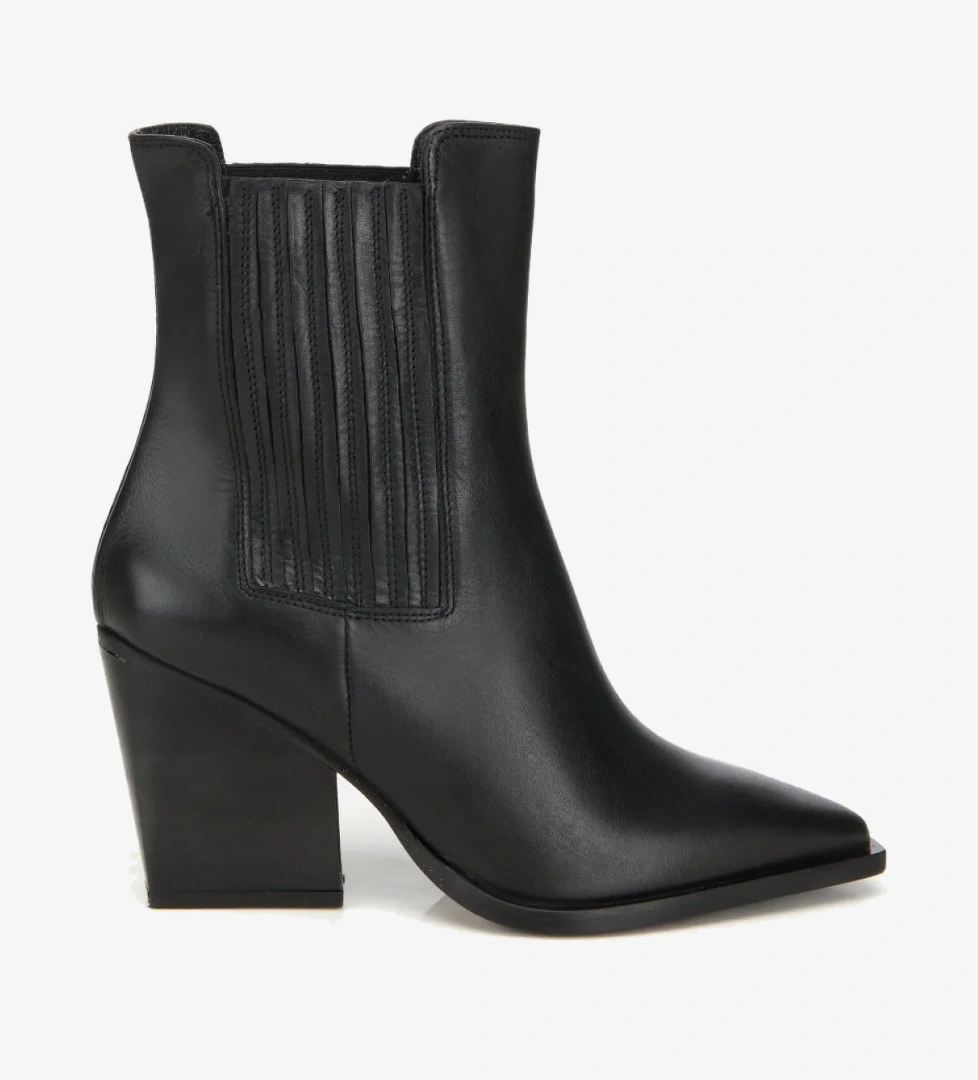 Kadın Deri Siyah Lastik Detaylı Sivri Burunlu Topuklu Bot - Görsel 1