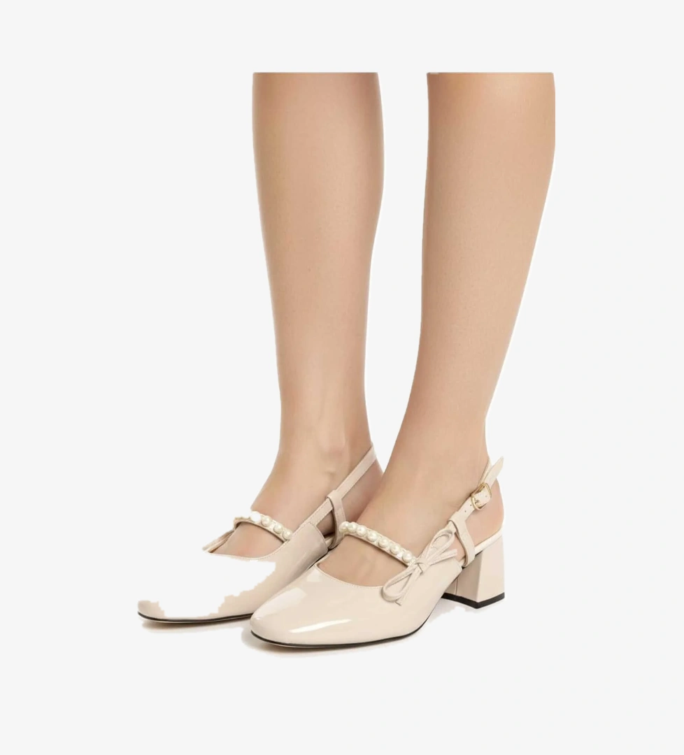 0828 Rugan Klasık Topuklu İnci Taşlı Ayakkabı - Görsel 1