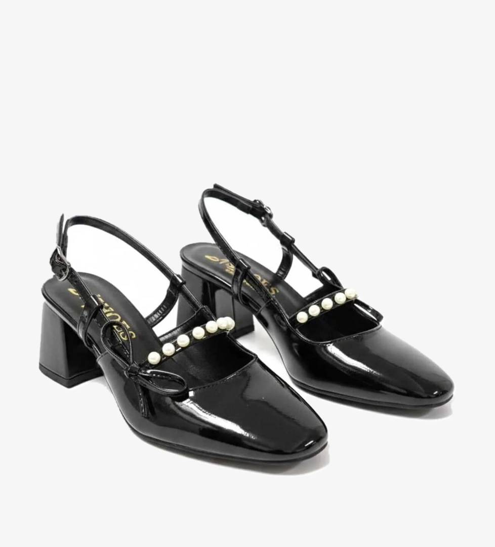 0828 Rugan Klasık Topuklu İnci Taşlı Ayakkabı