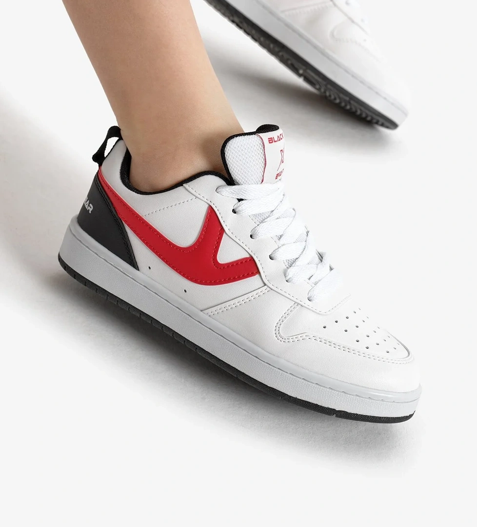 Kadın Beyaz Kırmızı Termo Taban Şerit Detaylı Bağcıklı Spor Ayakkabı