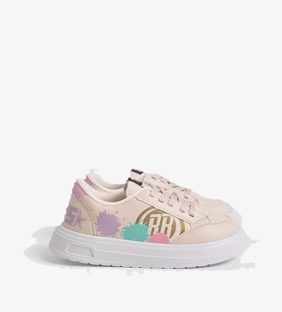 Çocuk Unisex Krem Turkuaz EVA Faylon Taban Desenli Bağcıklı ve Cırtlı Spor Ayakkabı