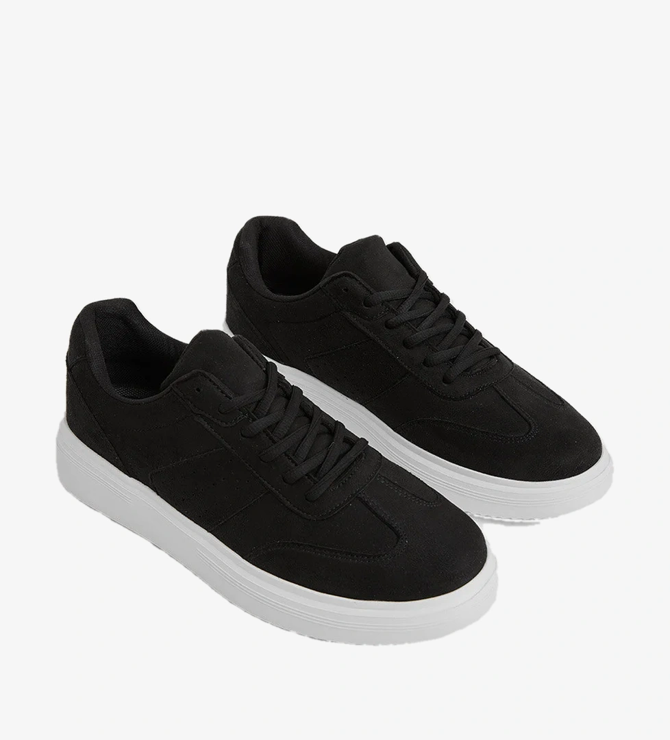 Erkek Siyah Beyaz Kalın Faylon Hafif Taban Bağcıklı Spor Ayakkabı