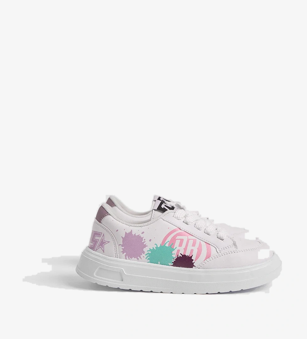 Çocuk Unisex Beyaz Turkuaz EVA Faylon Taban Desenli Bağcıklı ve Cırtlı Spor Ayakkabı