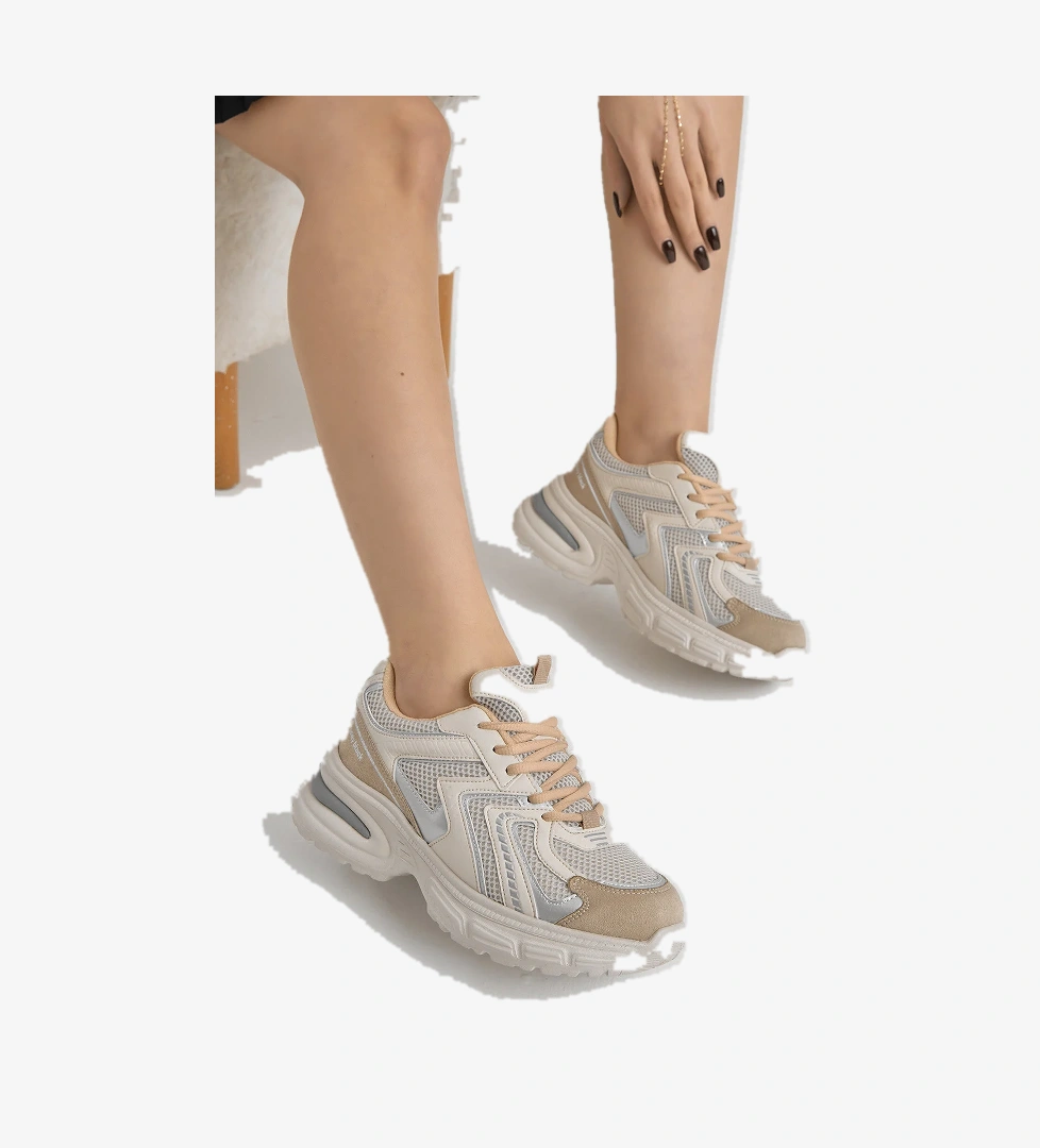 Kadın Bej Kalın Hafif Faylon Taban File Detaylı Bağcıklı Spor Ayakkabı - Görsel 1