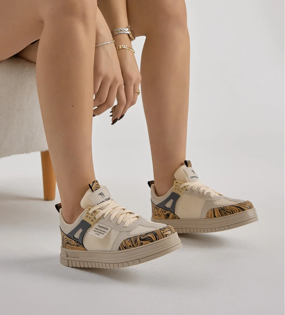 Unisex Bej Termo Taban Desenli Fileli Bağcıklı Spor Ayakkabı - Görsel 1