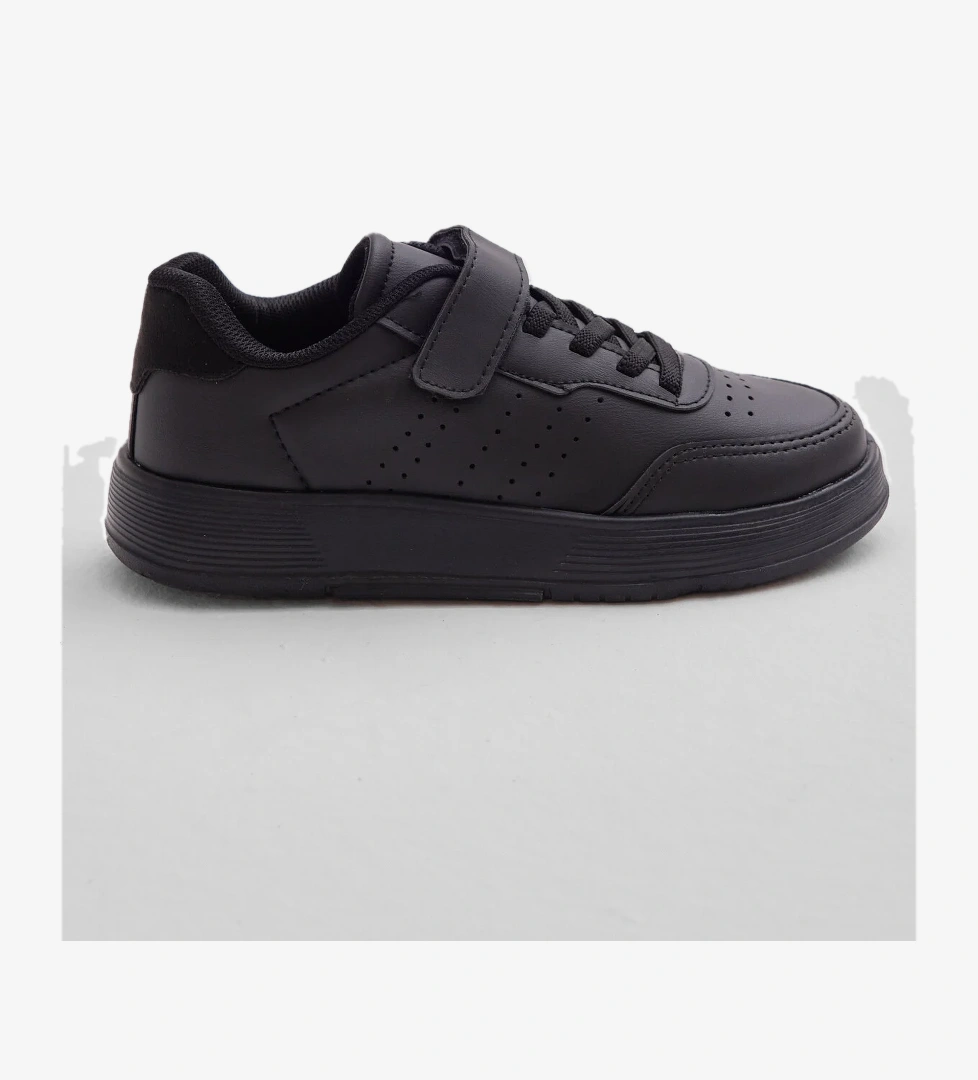 Çocuk Unisex Siyah Faylon Hafif Taban Bağcıklı Günlük Spor Ayakkabı - Görsel 1