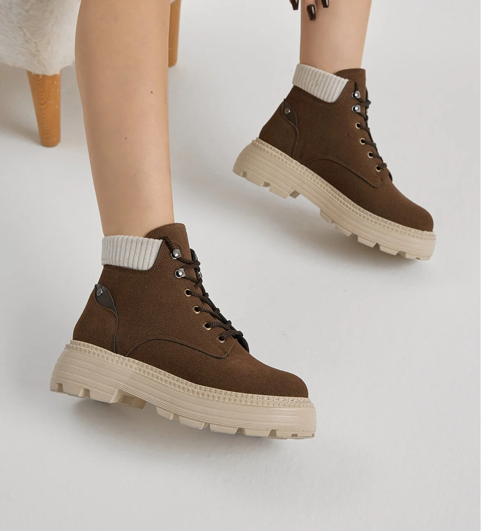 Kadın Kahve Süet Kalın Poli Taban Bileği Lastikli Bağcıklı Bot - Görsel 1