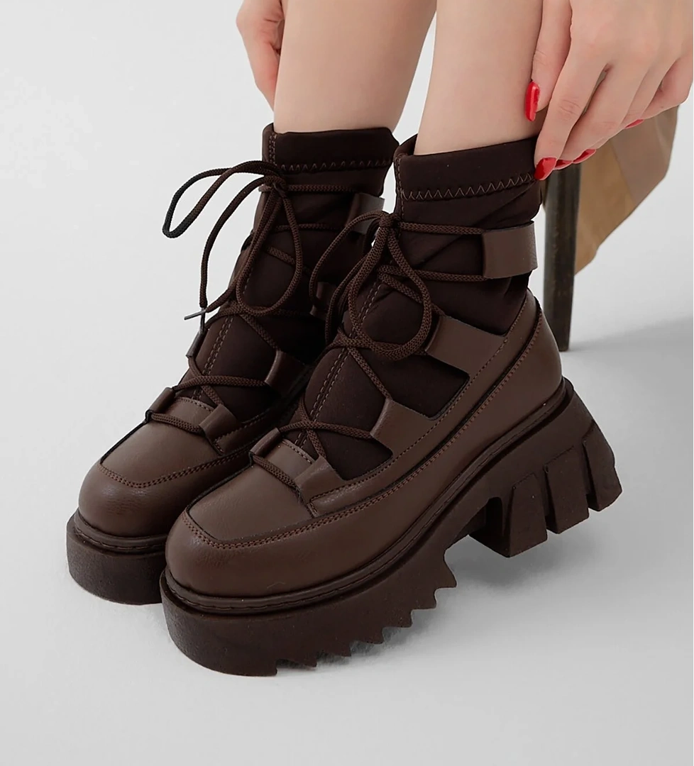 Kadın Kahve Kalın Platform Poli Taban Streç Bağcıklı Bot