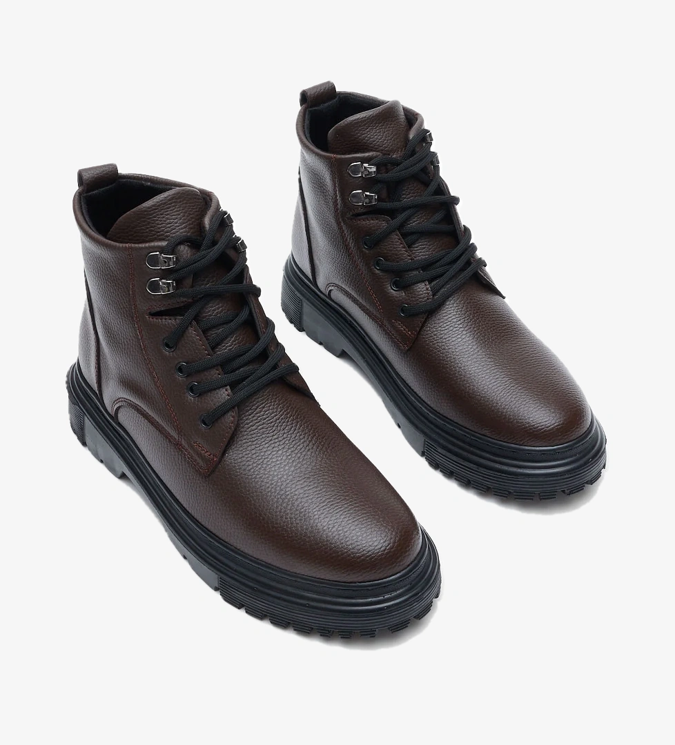 Erkek Kahve Kalın Poli Taban Bağcıklı Günlük Kışlık Bot - Görsel 1