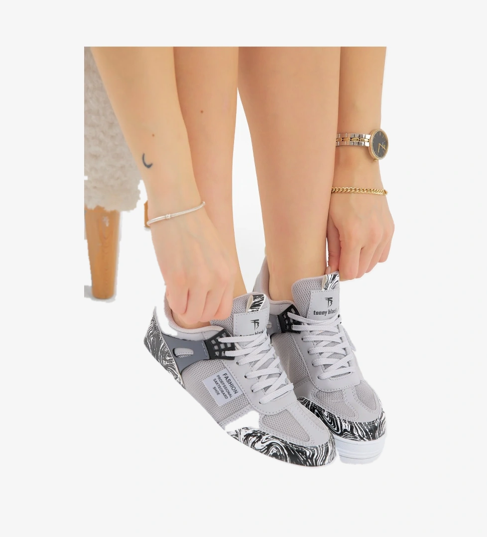 Unisex Gri Siyah Termo Taban Desenli Fileli Bağcıklı Spor Ayakkabı