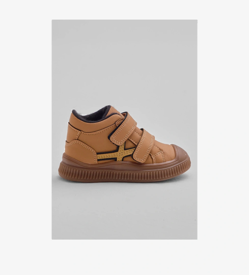 Çocuk Unisex Camel Esnek Termo Taban Çift Cırtlı Şerit Desenli Spor Kısa Bot