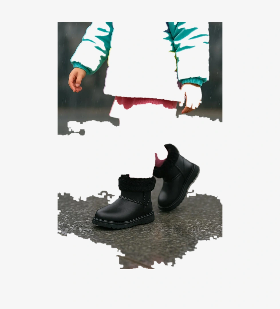 Kız Çocuk Siyah İçi Kürklü Sıcak Astarlı Çocuk PVC Bot