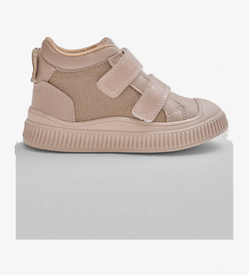 Çocuk Unisex Bej Esnek Termo Taban Çift Cırtlı Şerit Desenli Spor Kısa Bot