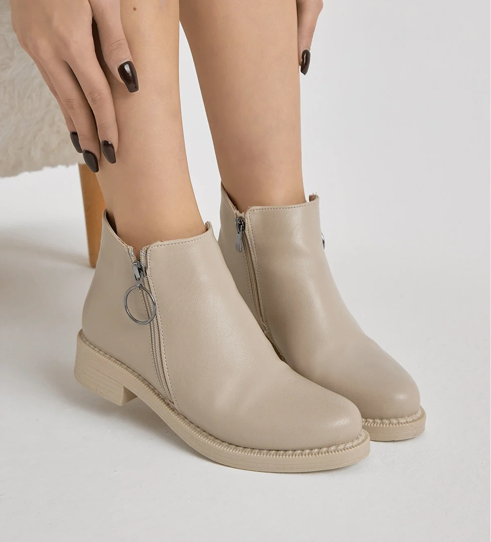 Kadın Bej Cilt Kalın Termo Taban Yanı Fermuar Detaylı Bot - Görsel 1