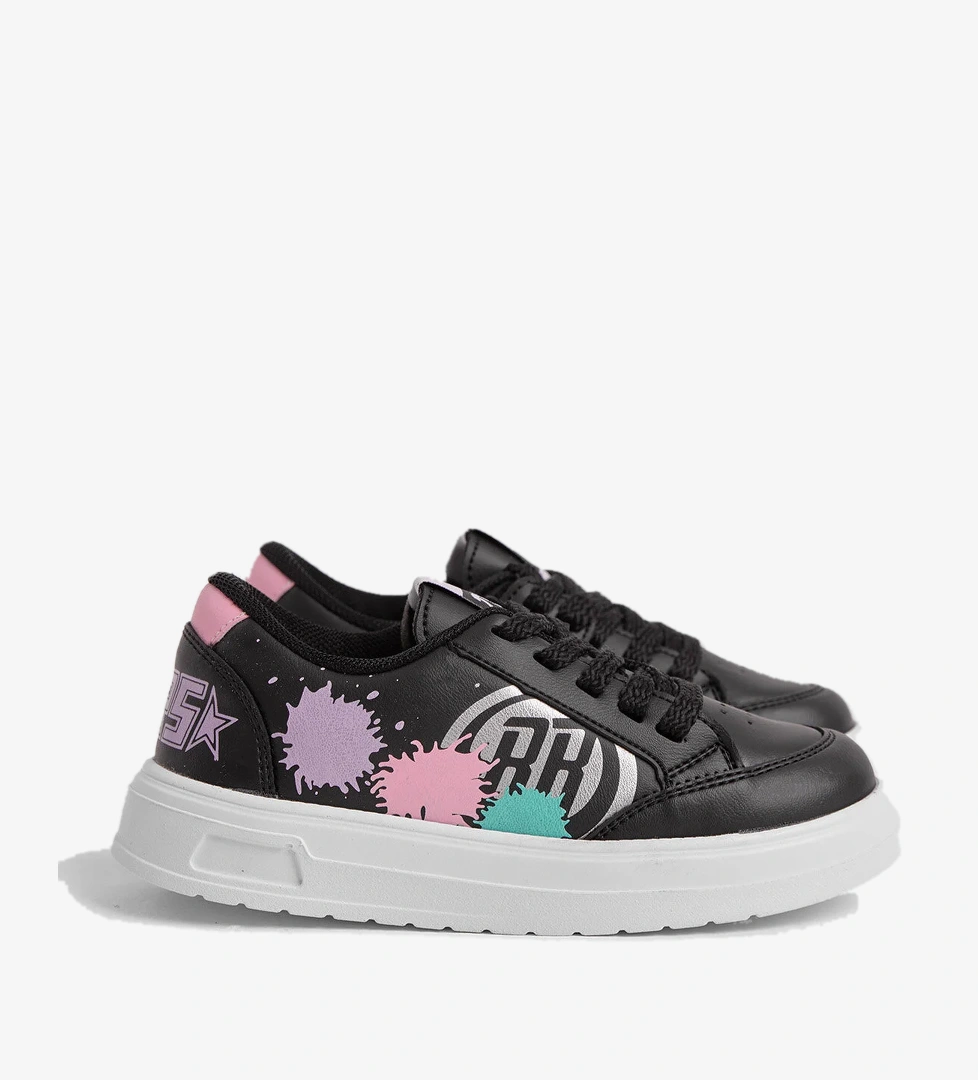 Çocuk Unisex Siyah Fuşya EVA Faylon Taban Desenli Bağcıklı ve Cırtlı Spor Ayakkabı