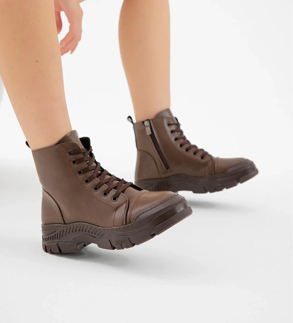 Kadın Kahve Kalın Termo Taban Bağcıklı ve Fermuarlı Günlük Bot