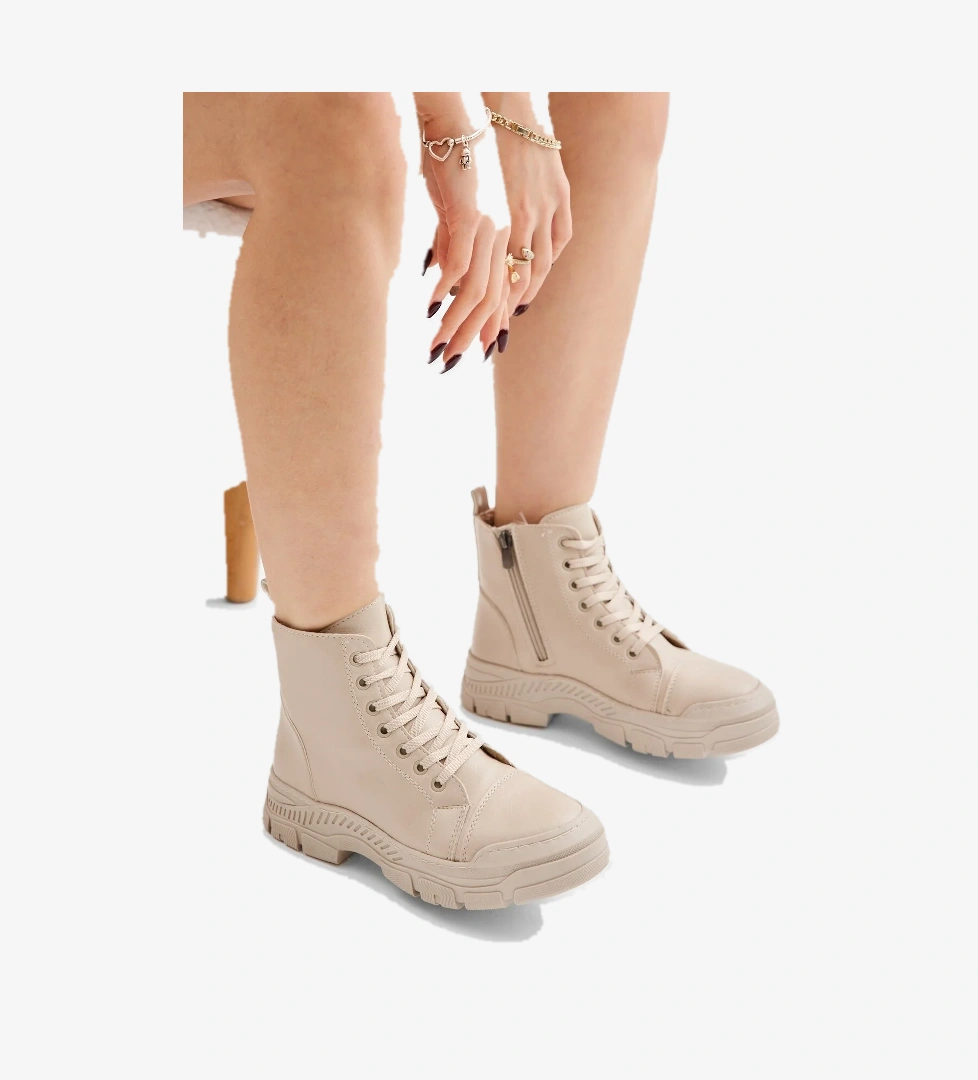 Kadın Bej Kalın Termo Taban Bağcıklı ve Fermuarlı Günlük Bot - Görsel 1