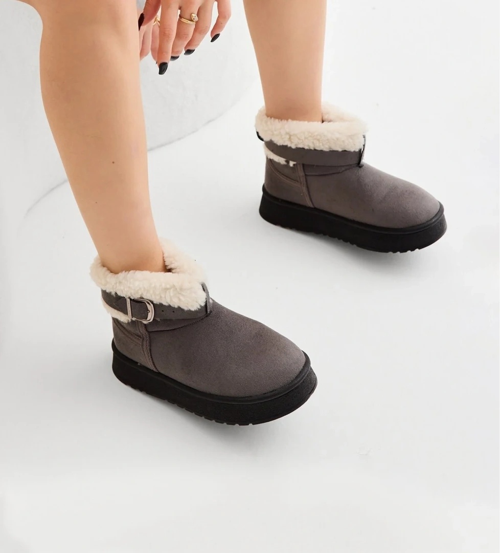 Kadın Füme Kalın Poli Taban Kürk Detaylı Süet Görünümlü Günlük Bot