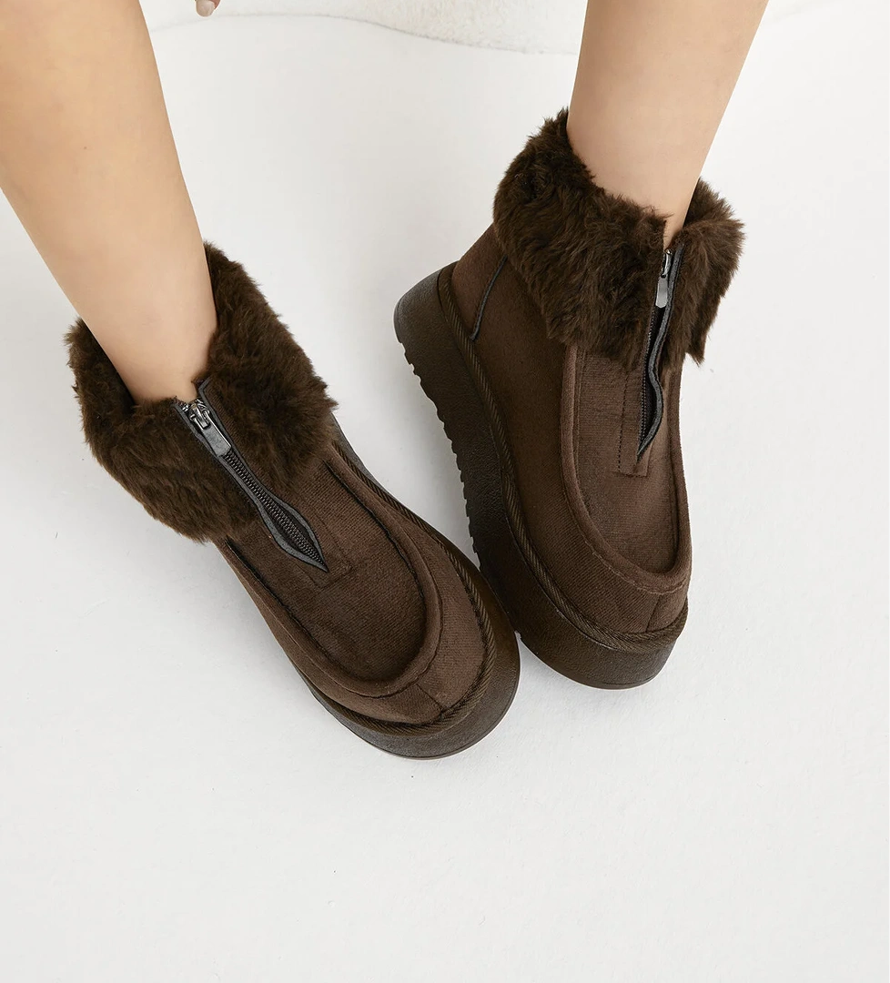Kadın Kahve Kalın Taban Kürklü Önü Fermuarlı Süet Bot - Görsel 1