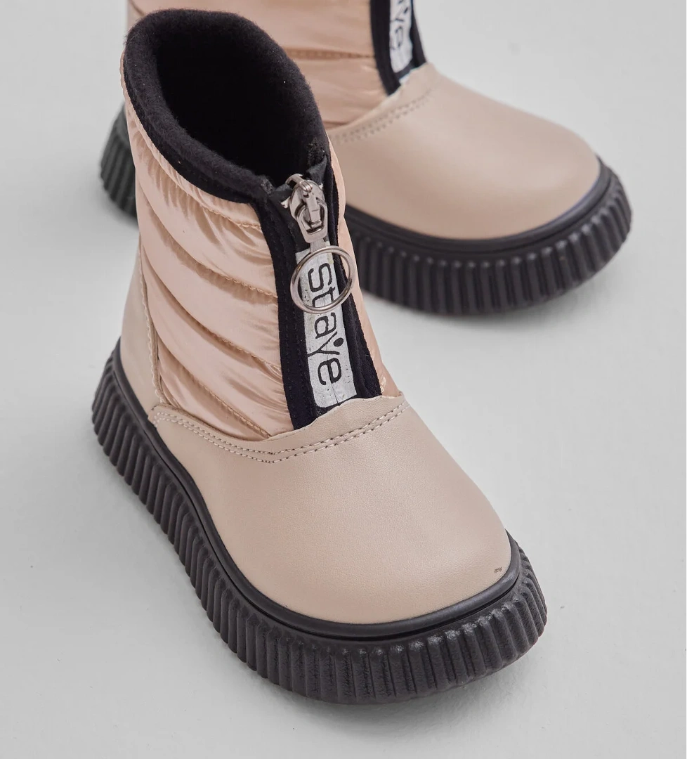 Çocuk Unisex Bej Esnek Termo Taban Sıcak Astarlı Önü Yazılı Fermuarlı Kar Botu - Görsel 1