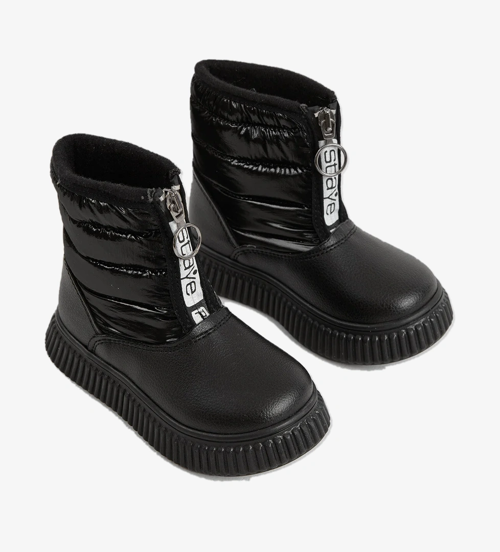 Çocuk Unisex Siyah Esnek Termo Taban Sıcak Astarlı Önü Yazılı Fermuarlı Kar Botu
