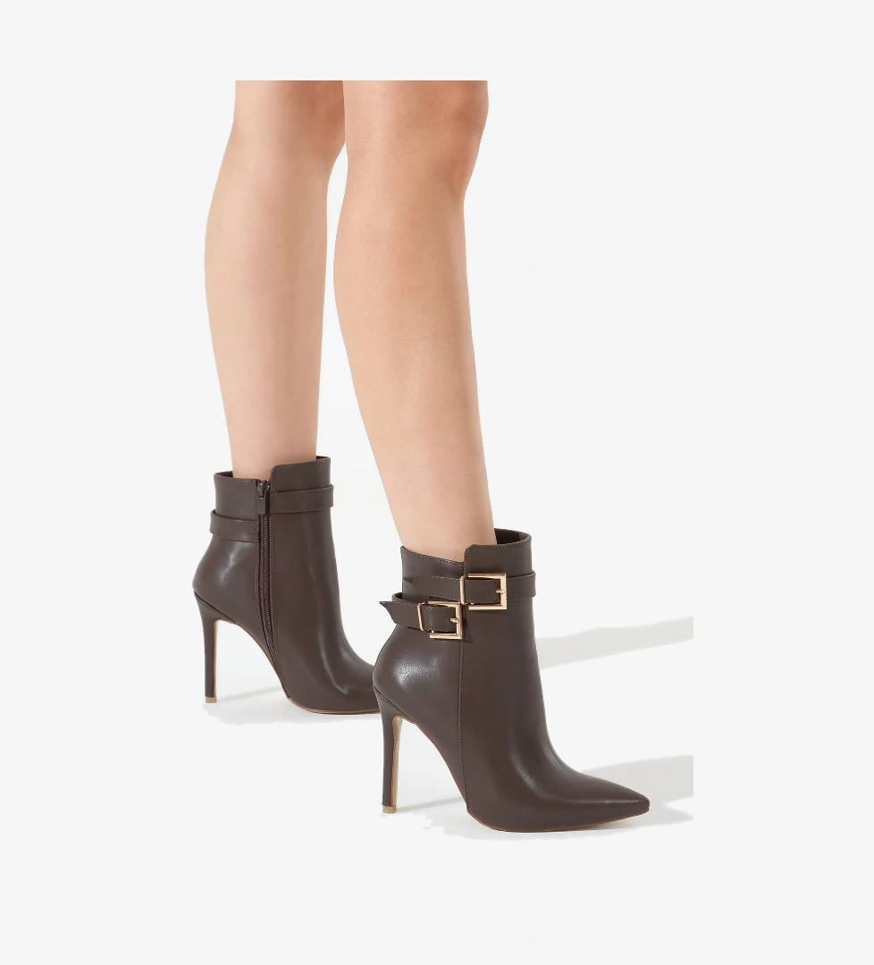 Kadın Kahve Neolit Taban Çift Toka Detaylı Sivri Burunlu Fermuarlı Topuklu Bot - Görsel 1