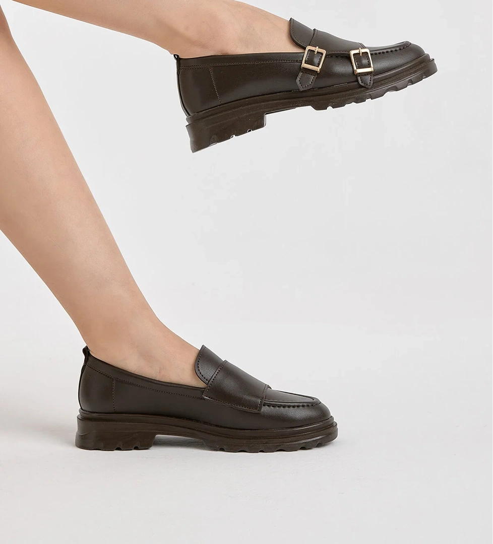 Kadın Kahve Kalın Poli Taban Çift Tokalı Günlük Loafer