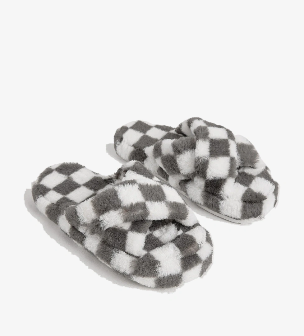 Kadın Füme Kroko Desenli Çapraz Peluş Ev Terliği