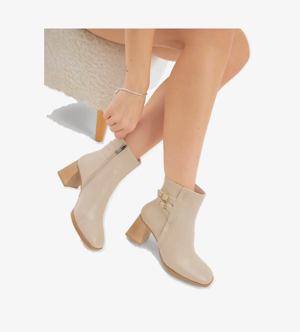 Kadın Bej TPU Taban Çift Tokalı Fermuarlı Topuklu Bot - Görsel 1