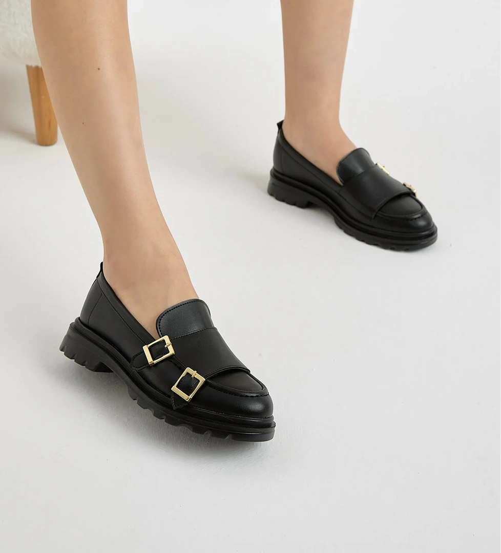 Tonny Black Tonny Black Kadın Siyah Cilt Kalın Poli Taban Çift Tokalı Günlük Loafer Flo'da! Siyah - 1. görsel