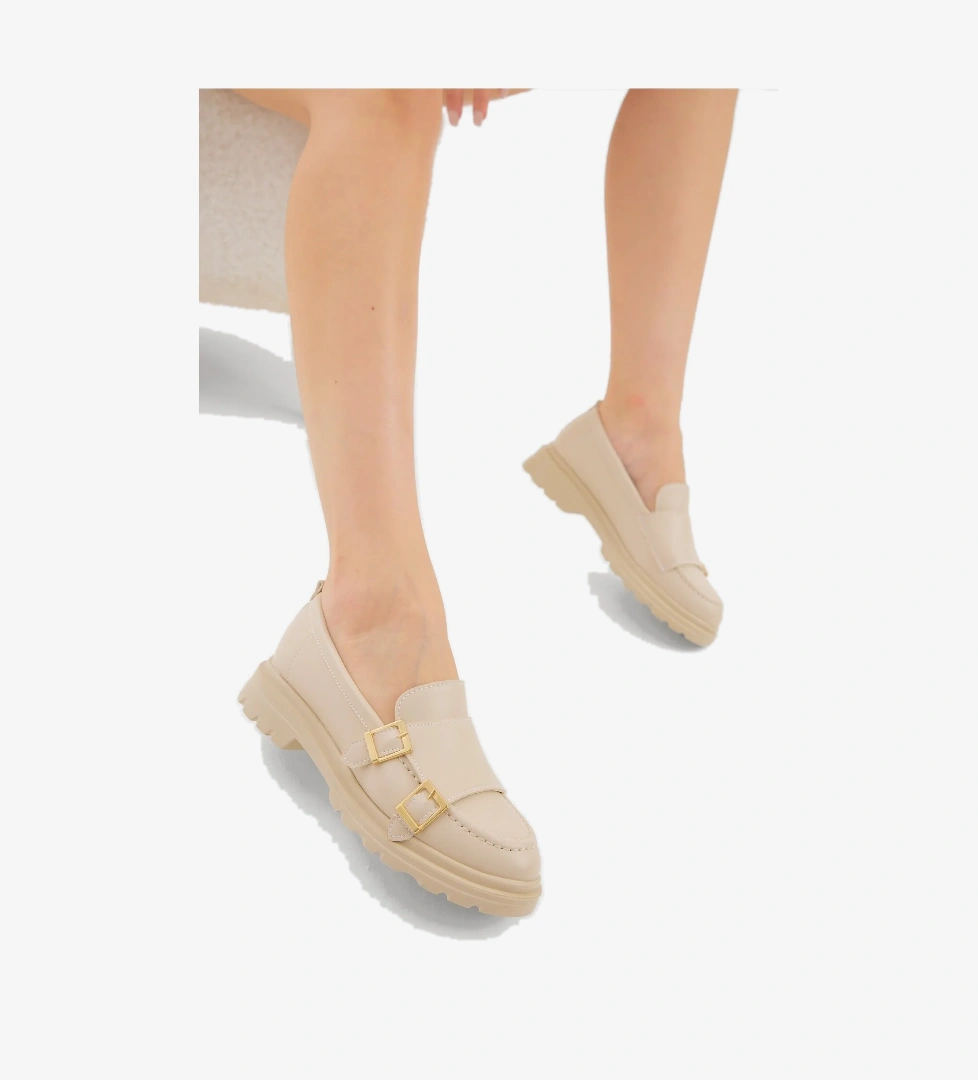 Kadın Bej Kalın Poli Taban Çift Tokalı Günlük Loafer - Görsel 1