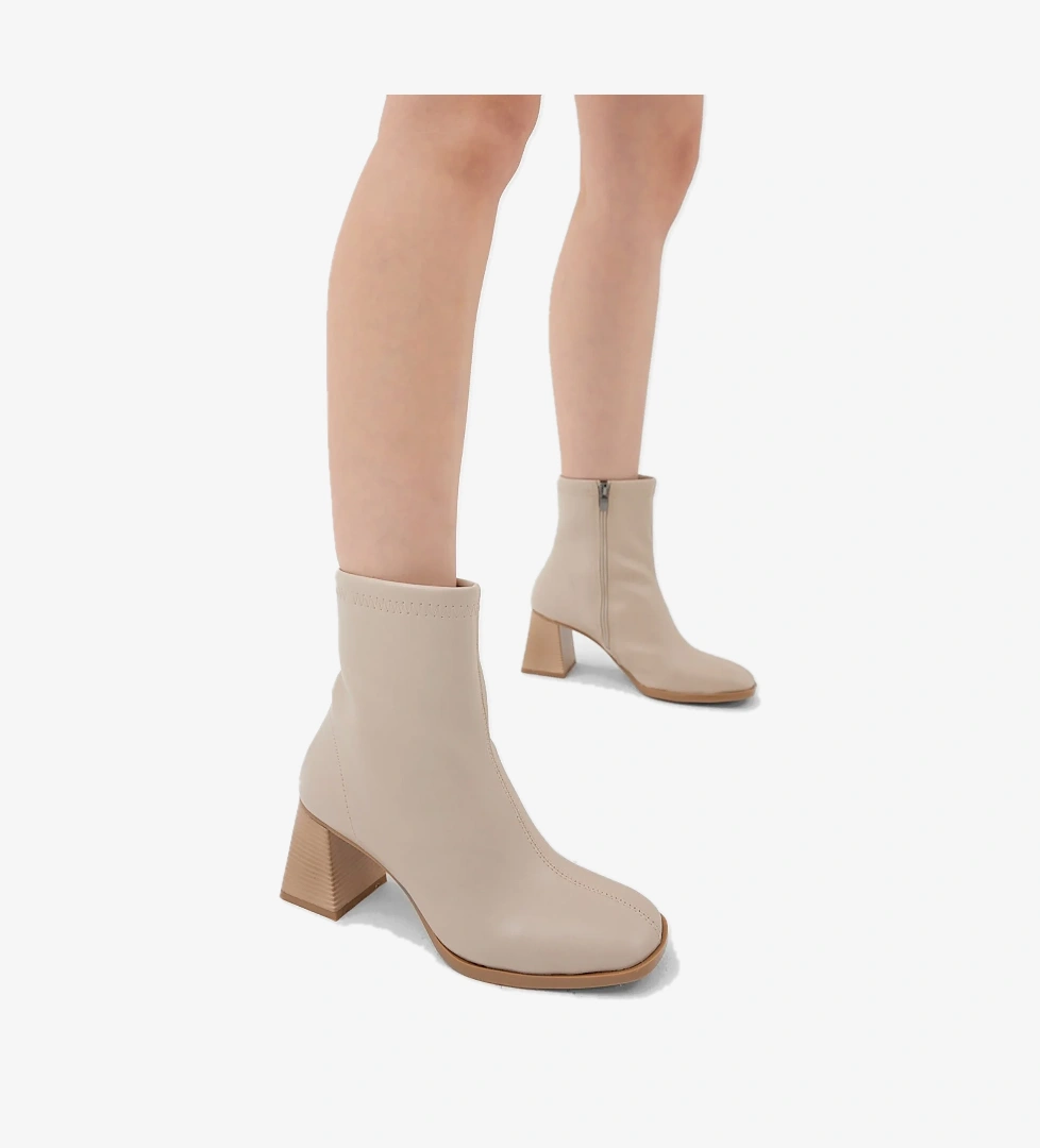Kadın Bej Cilt TPU Taban Düz Desen Fermuarlı Kalın Topuklu Bot - Görsel 1