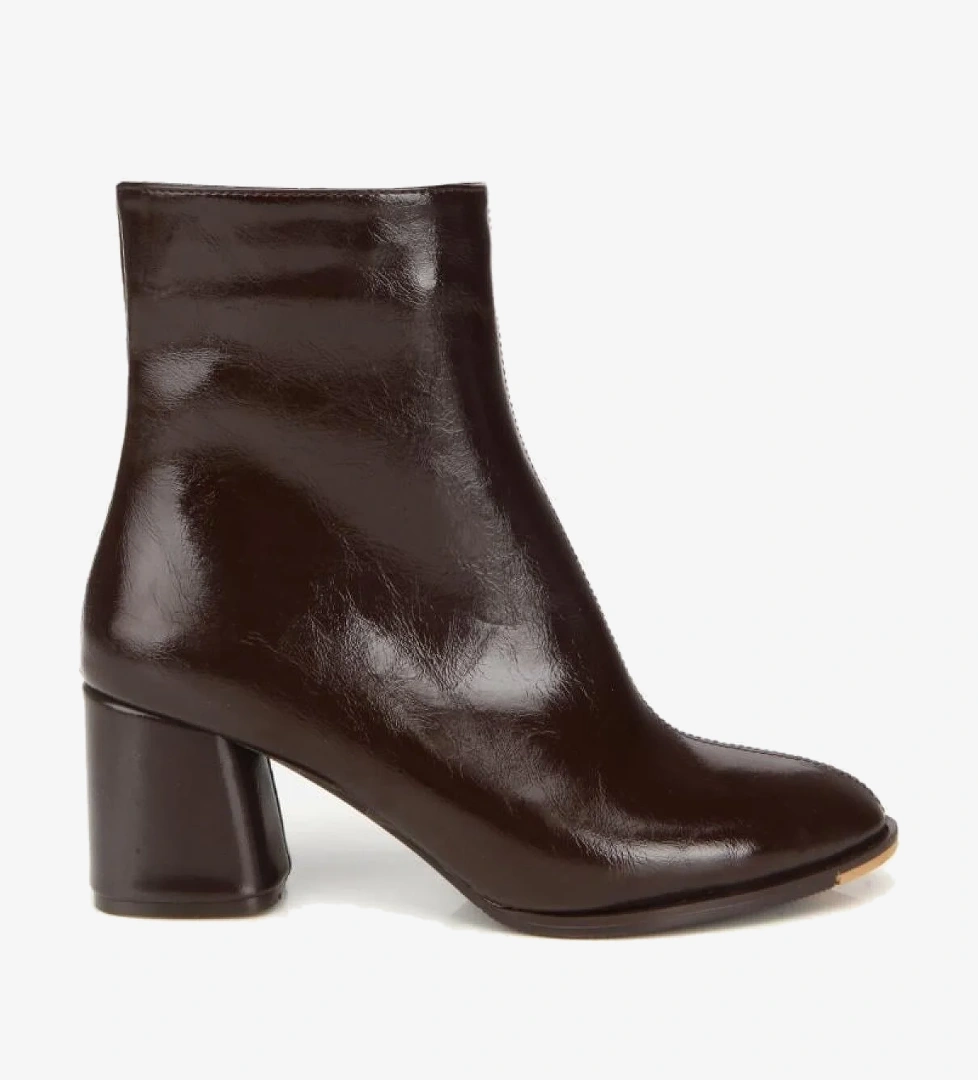 Kadın Rugan Kahverengi Fermuarlı Kalın Topuklu Bot - Görsel 1