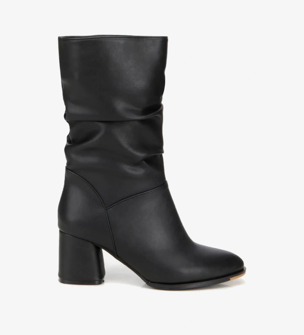 Kadın Siyah Kırışık Görünümlü Diz Altı Topuklu Bot - Görsel 1