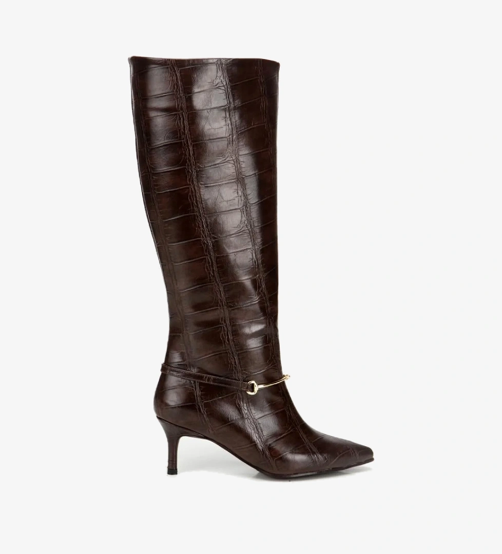 Kadın Kahverengi İnce Kemerli Tokalı Topuklu Çizme