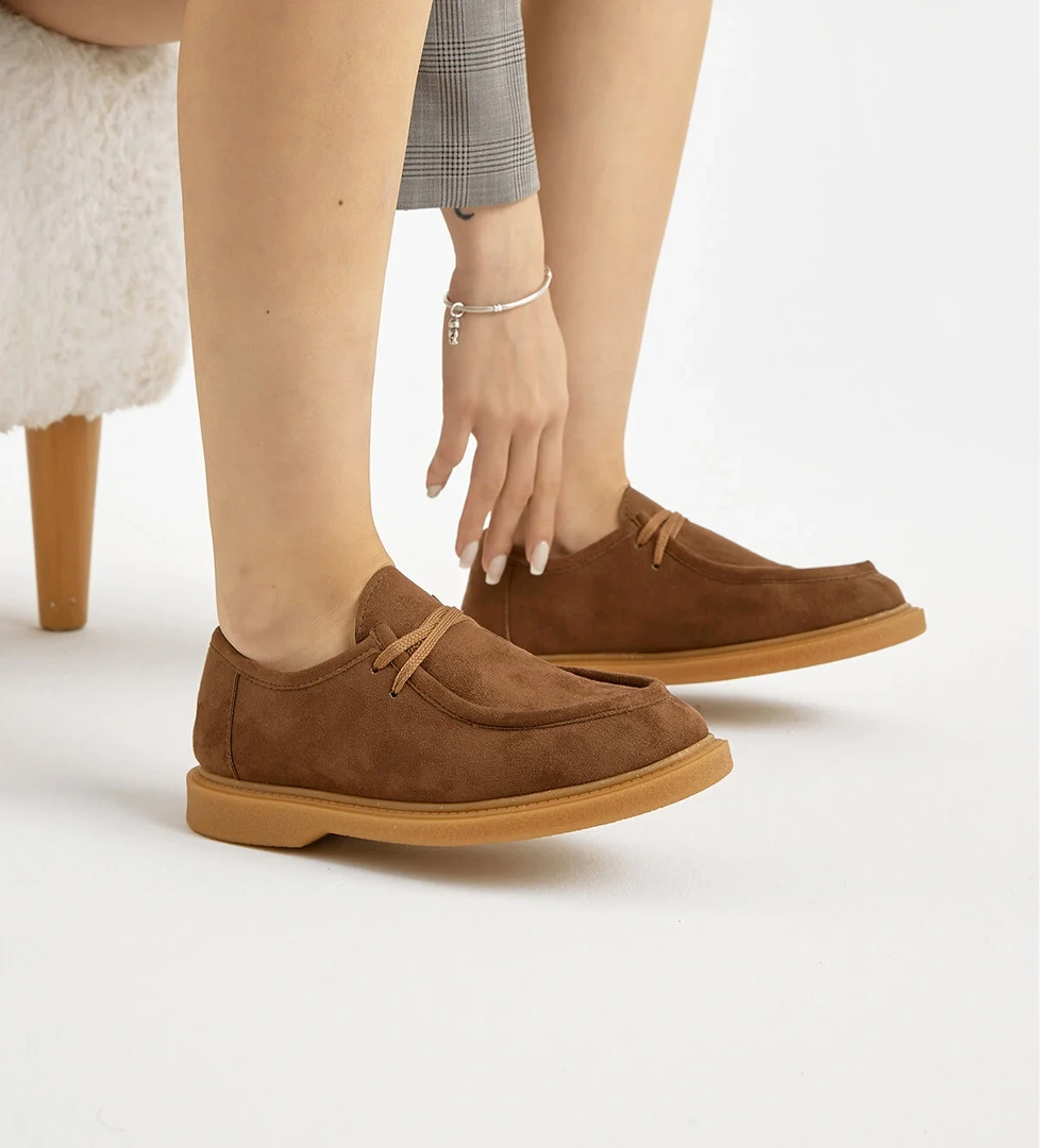 Kadın Taba Termo Taban Süet Görünümlü Bağcıklı Günlük Loafer - Görsel 1