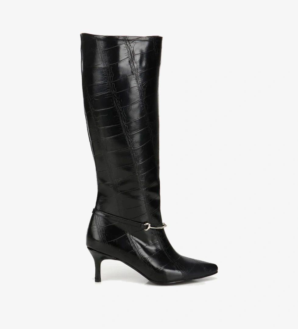 Kadın Siyah Kroko İnce Kemerli Tokalı Topuklu Çizme - Görsel 1