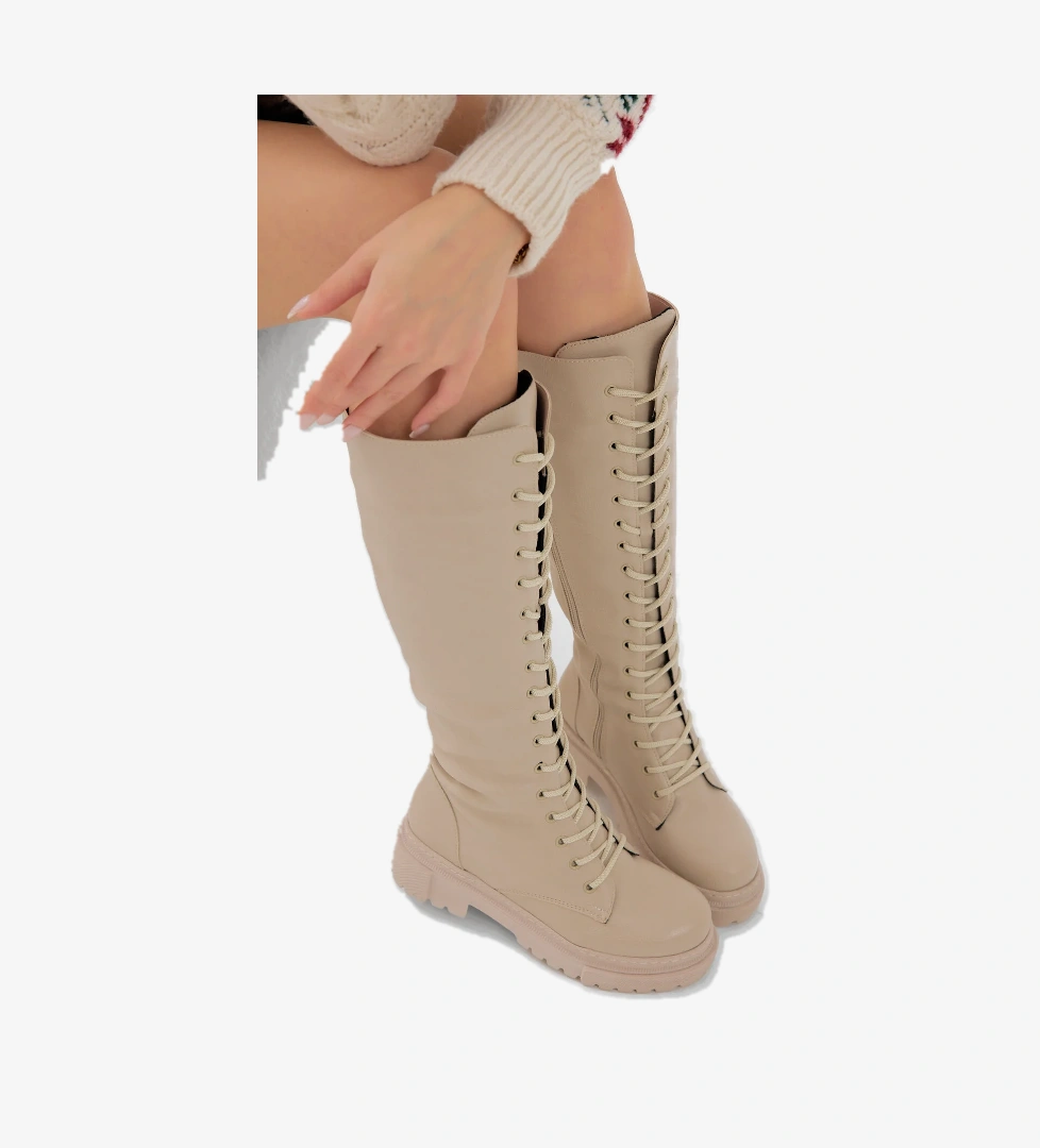 Kadın Bej Kalın Poli Taban Bağcıklı ve Fermuarlı Diz Altı Çizme