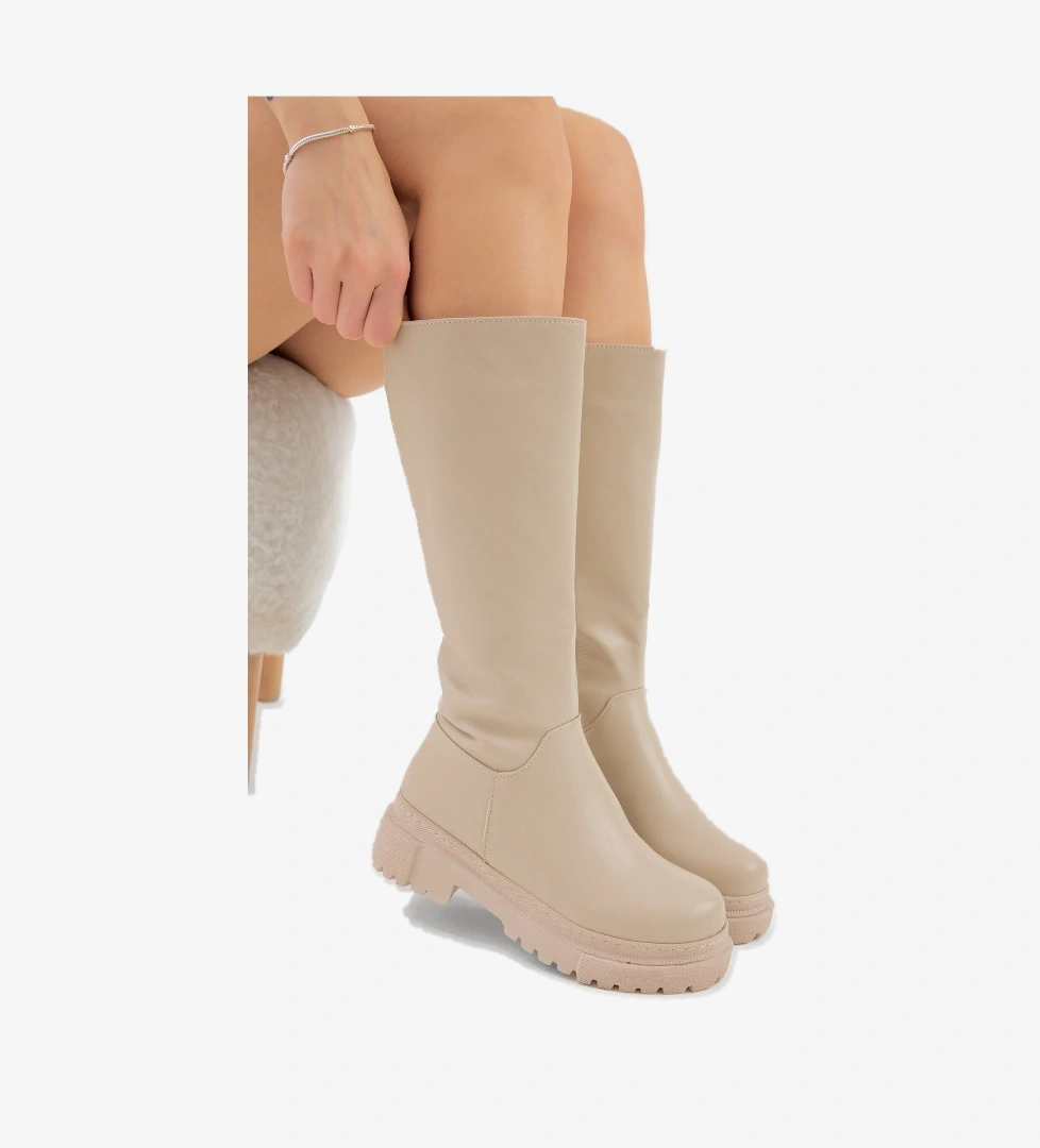 Kadın Bej Kalın Poli Taban Düz Desen Fermuarlı Diz Altı Çizme