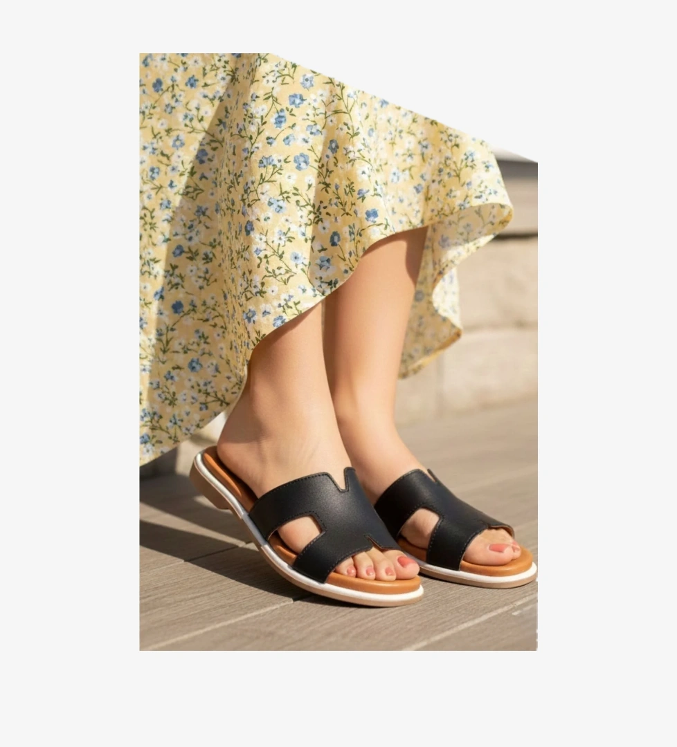 Kadın H Kesimli Düz Taban Hakiki Terlik NAPA-1202 - Görsel 1