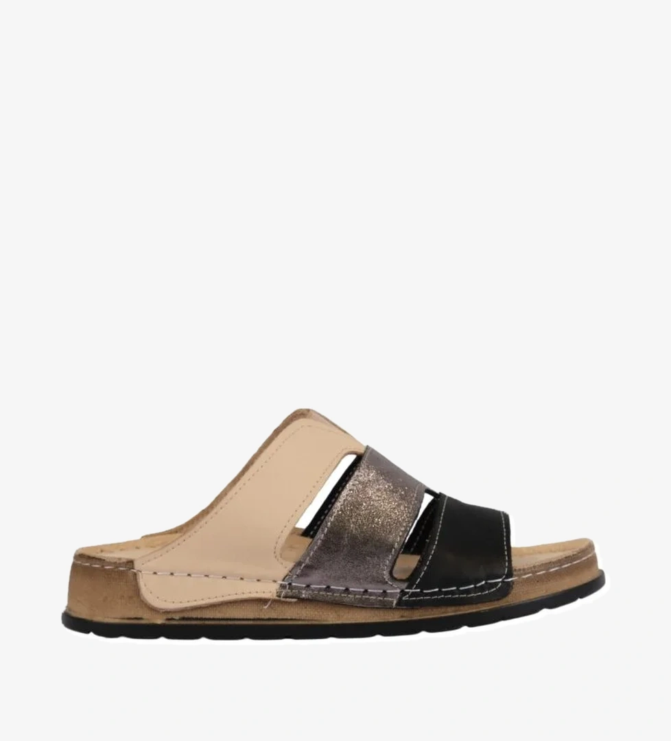 Hakiki Deri Üç Bantlı Çok Renkli Ortopedik Kadın Terlik NAPA-303 - Görsel 1