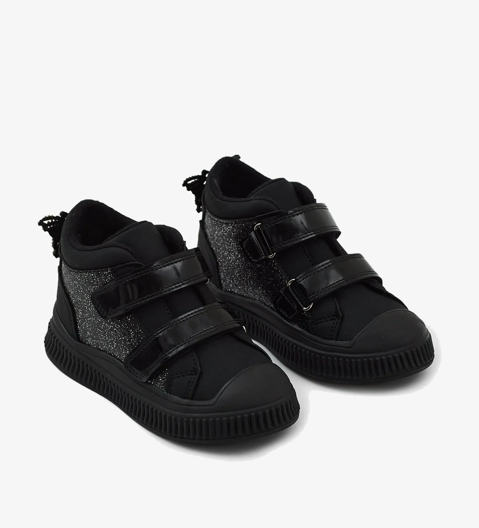 Çocuk Unisex Siyah Simli Esnek Termo Taban Çift Cırtlı Şerit Desenli Spor Kısa Bot