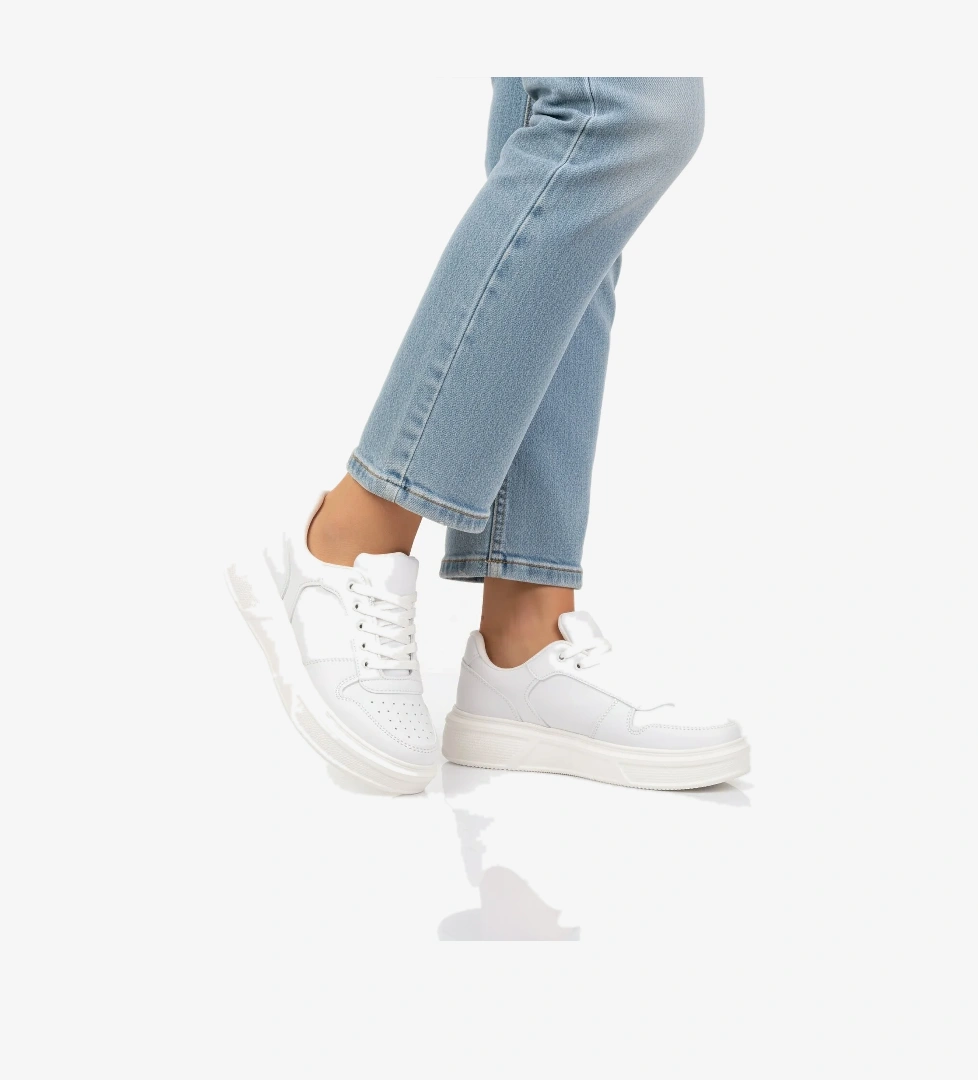 Beyaz Bağcıklı Cilt Hafif Unisex Sneaker Aper 049 G - Görsel 1