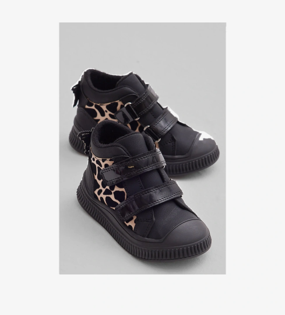 Çocuk Unisex Siyah Leopar Esnek Termo Taban Çift Cırtlı Şerit Desenli Spor Kısa Bot