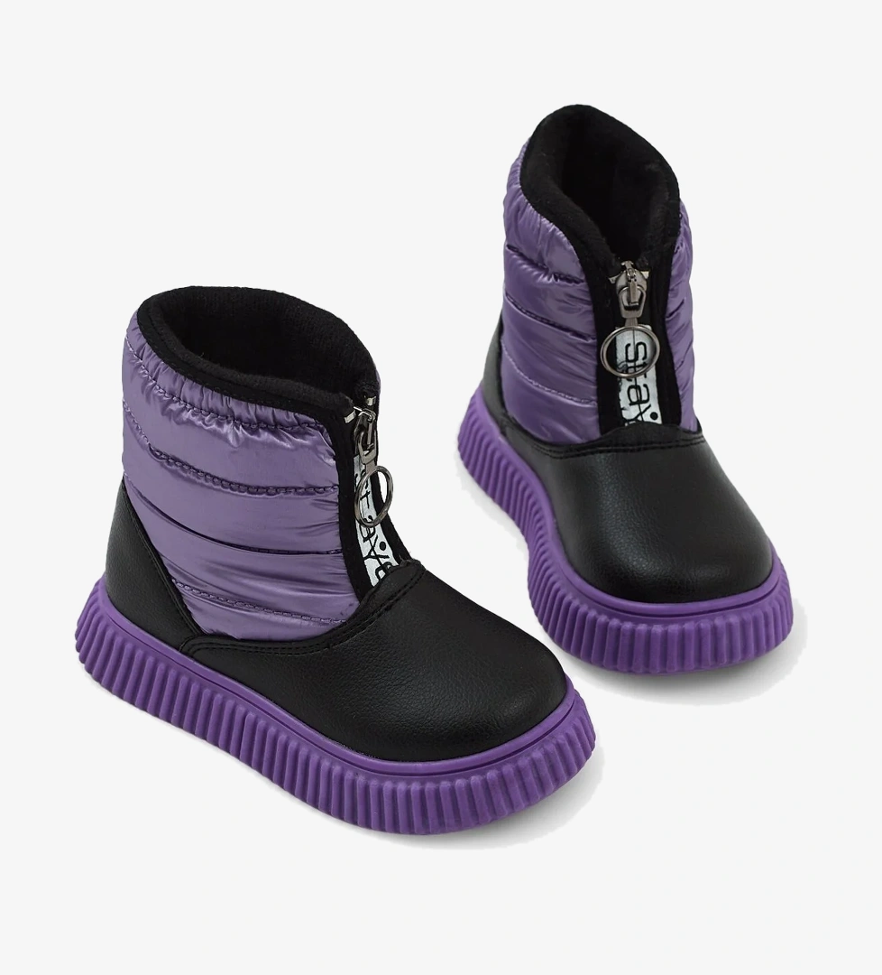Çocuk Unisex Lila Esnek Termo Taban Sıcak Astarlı Önü Yazılı Fermuarlı Kar Botu
