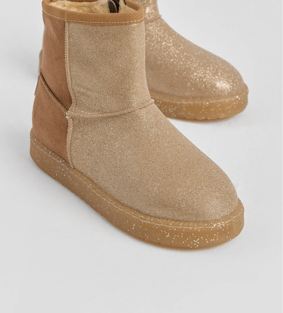 Kız Çocuk Taba Simli Termo Taban Süet Görünümlü İçi Kürklü Kısa Bot