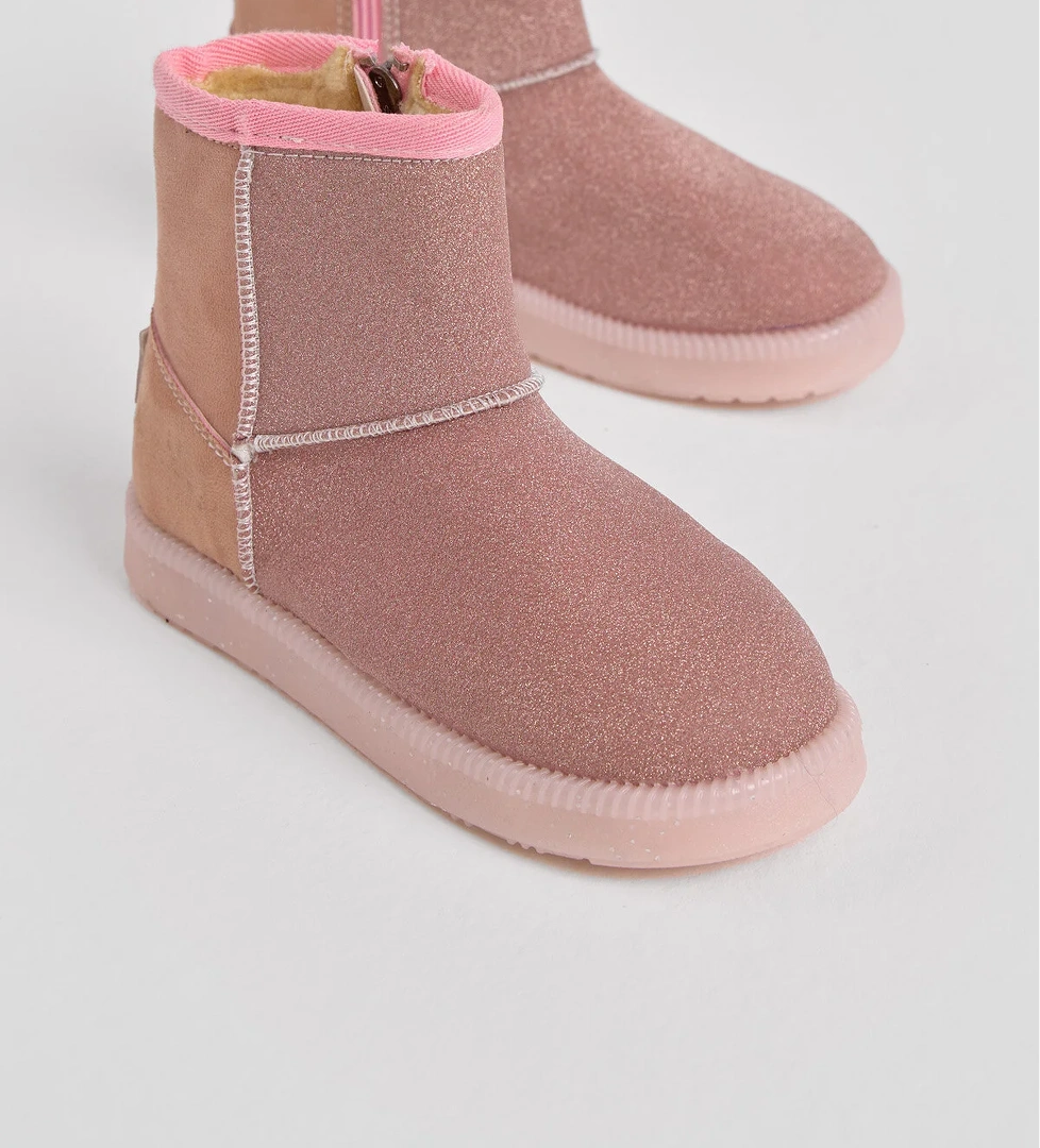 Kız Çocuk Pudra Simli Termo Taban Süet Görünümlü İçi Kürklü Kısa Bot